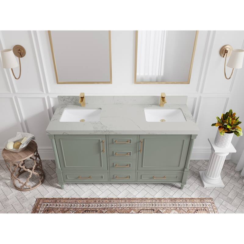 Willow Collections 60 in. W x 22 in. D Aberdeen Double Sink Bathroom Vanity with Countertop - 2" Calacatta Nuvo - Evergreen
