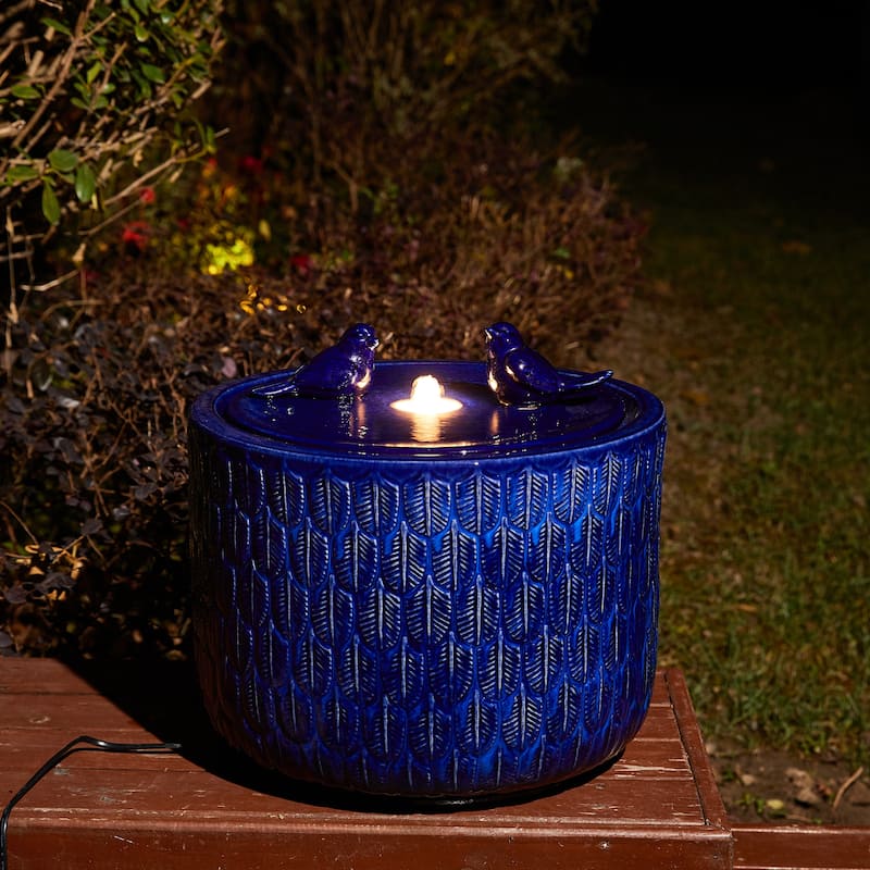 Glitzhome 15"H LED Ceramic Birdbath Outdoor Fountain with Two Birds & Leaf Pattern