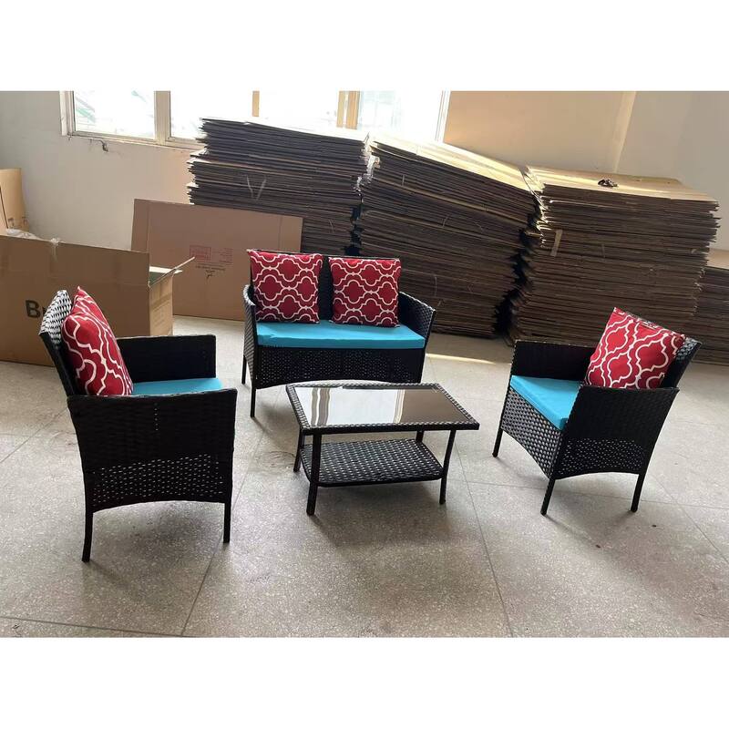4-Piece Sofa Set Table With Sofa Chair PE Rattan With Cushion
