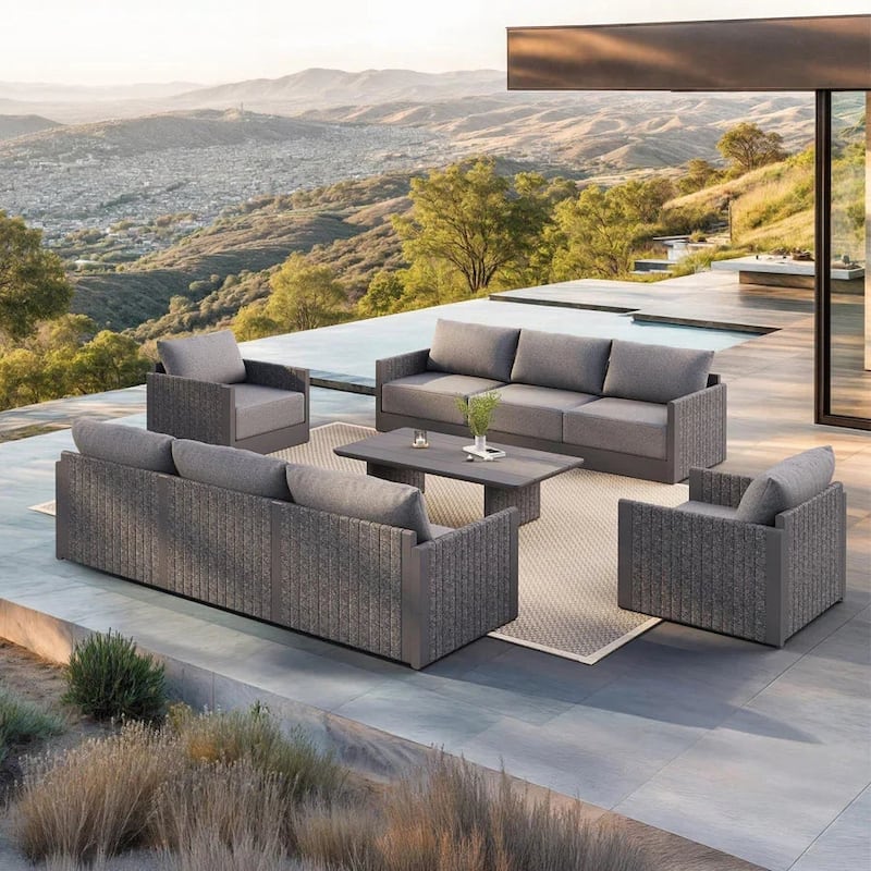 PURPLE LEAF Sanori Patio Conversation Set with Grey Ottoman and Cushion Patio Sofas Sectional Set for Poolside Graden - 8+1-Piece