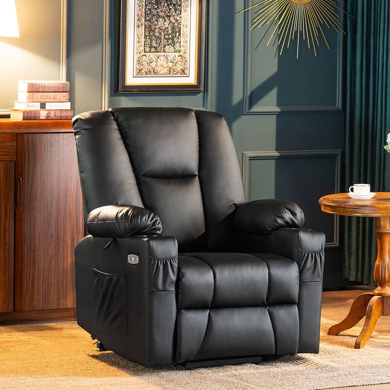 MCombo Electric Power Lift Recliner Chair with Extended Footrest, Cup Holders, Faux Leather 7507