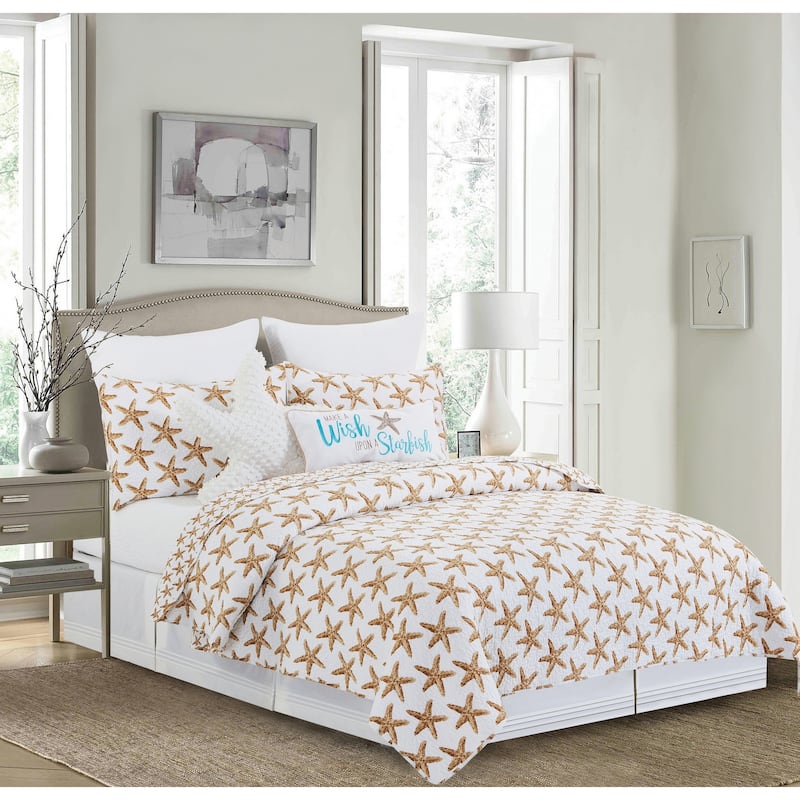 Sandbridge Stars Cotton Quilt Set - Reversible and Machine Washable - 3 Piece - King