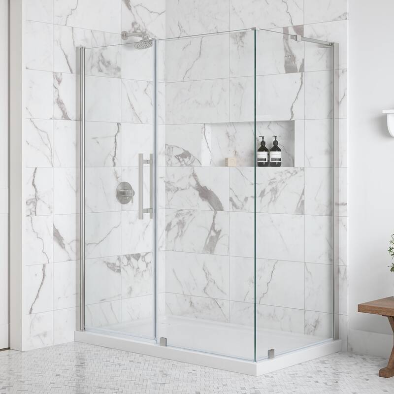 OVE Breeze Pivot Corner Frameless Pivot Shower Door Kit with Base Pan - 60" - Satin Nickel
