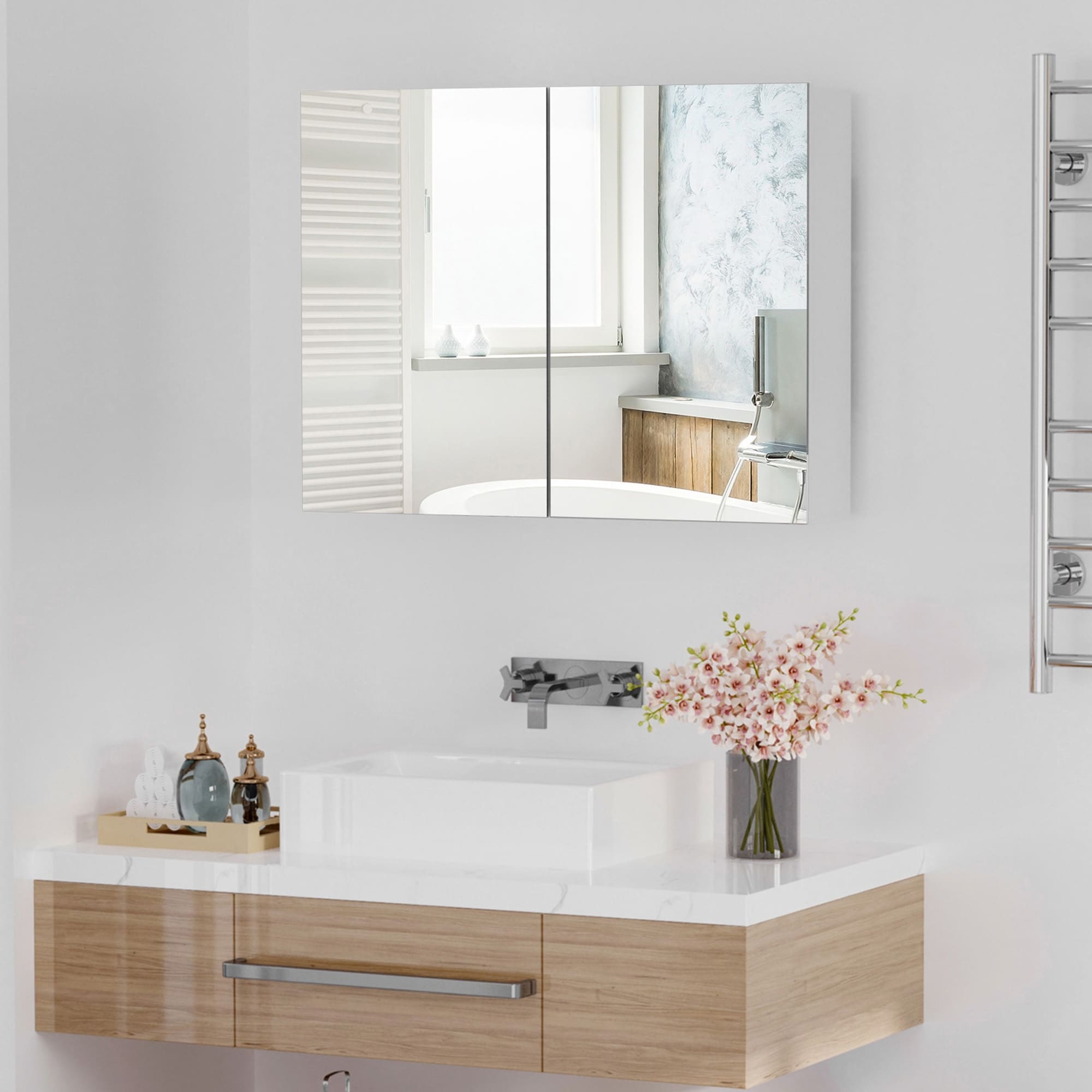 HOMCOM Double Door Wall Mounted Bathroom Mirror Medicine Cabinet with Modern Design, Large Storage, & Quiet Hinges - 23.5*31.5*6