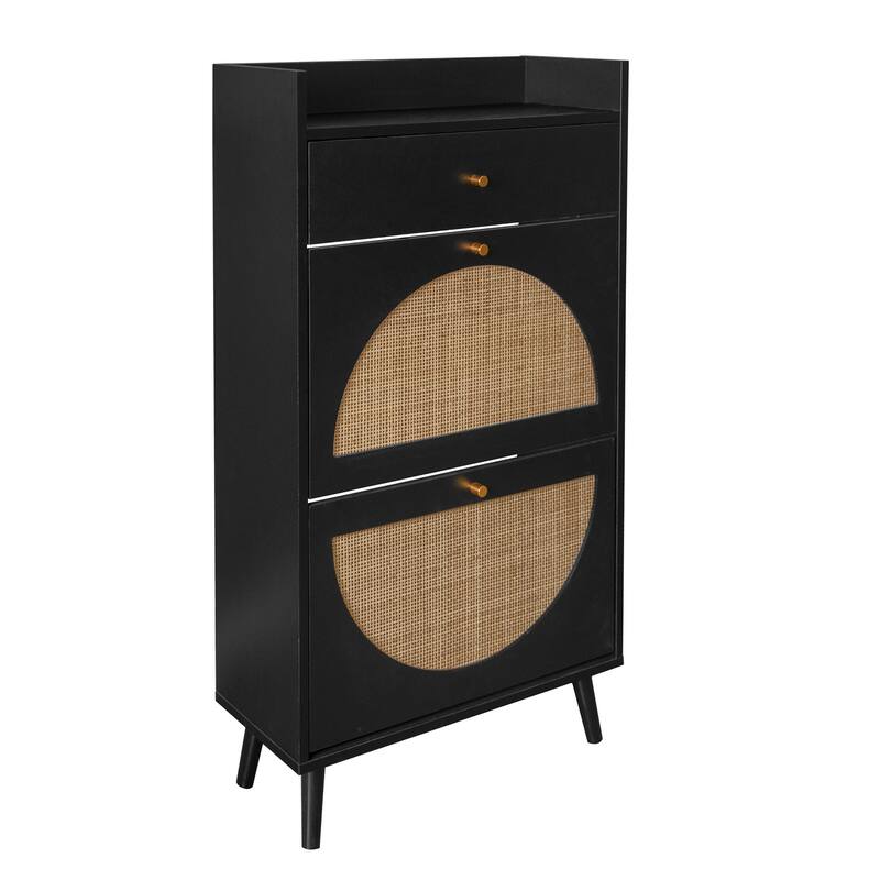 Entryway Shoe Storage Cabinet, Freestanding Rattan Shoe Rack, Shoe Organizer with 2 Flip Drawers & 1 Pull-Out drawer