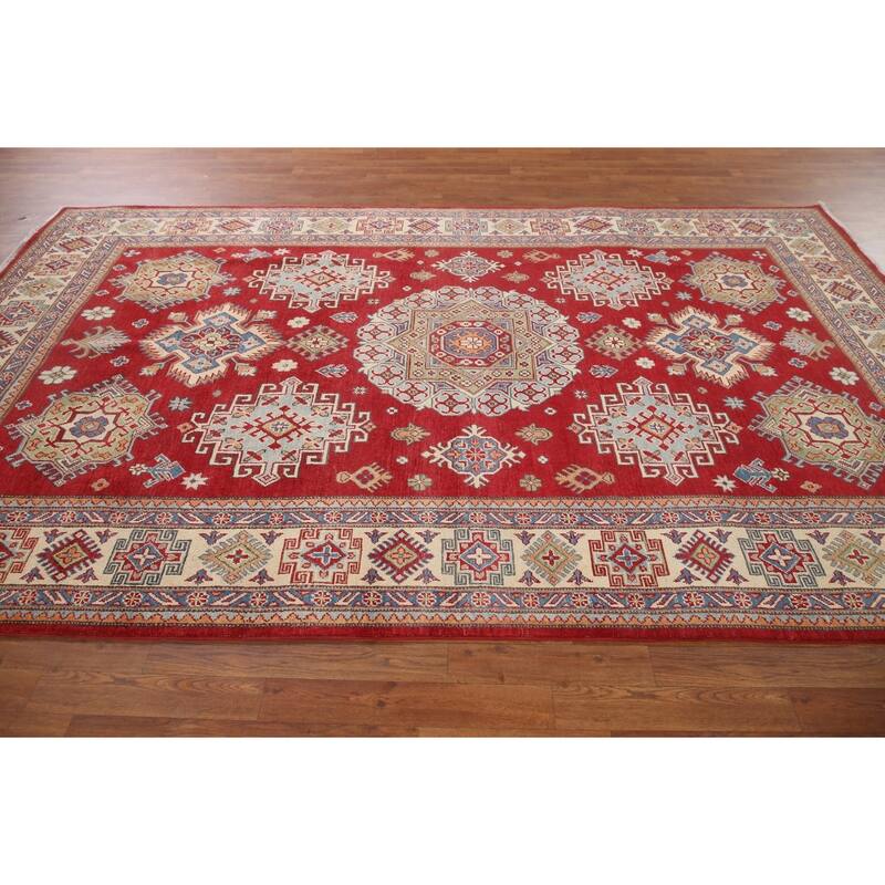 Hand Knotted Oriental 100% Wool Carpet Traditional Geometric Red Kazak Area Rug - 10' 5'' X 6' 3''