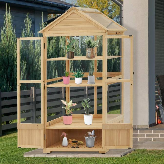MCombo Cold Frame Greenhouse with Adjustable Shelves, Solid Wood 0847