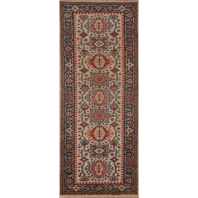 Beige Kazak Runner Rug Hand-Knotted Wool Carpet - 2'7"x 8'1"