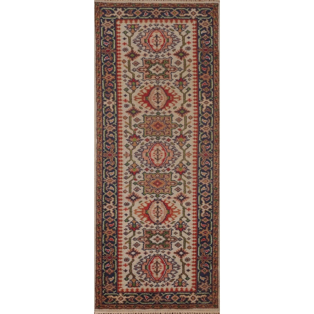 Beige Kazak Runner Rug Hand-Knotted Wool Carpet - 2'7"x 8'1"