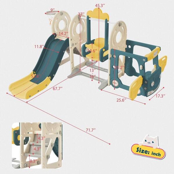 dimension image slide 1 of 4, Freestanding Bus Toy with Slide and Swing - Indoor and Outdoor Playset for Toddlers with Basketball Hoop