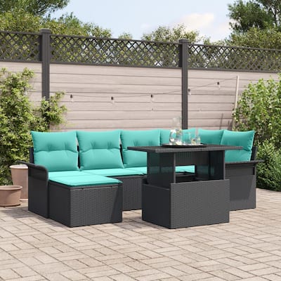 vidaXL 7 Piece Garden Sofa Set with Cushions Black Poly Rattan - 95.5×52.2×27.2