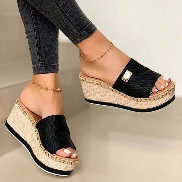 Casual Straw Woven Slope Heel Sandals 