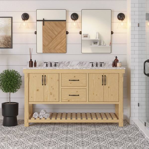 slide 2 of 6, KitchenBathCollection Birmingham 60" Double Bathroom Vanity with Carrara Marble Top Driftwood