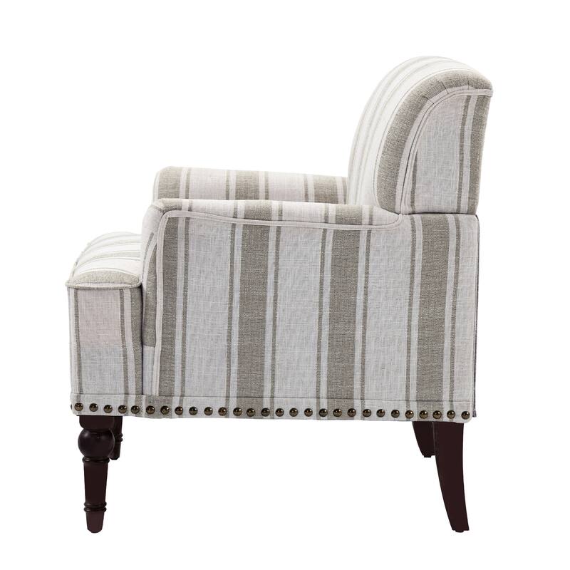 Striped Upholstered Linen Armchair with Brass Nailhead Trim