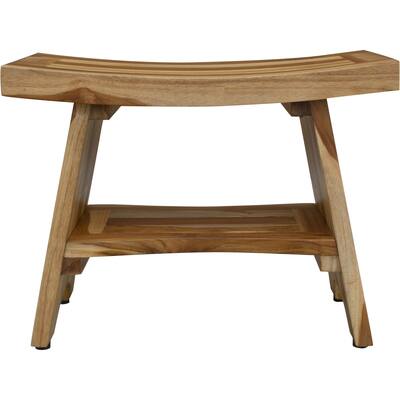 HomeRoots Contemporary Teak Shower Bench With Shelf In Natural Finish