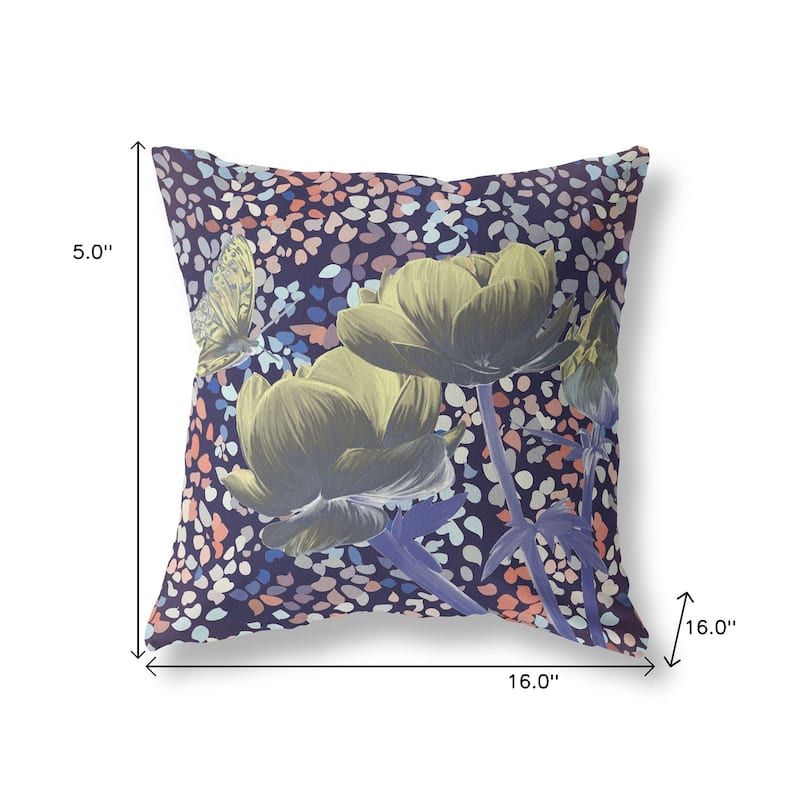 HomeRoots 16" x 16" Yellow Butterfly Blown Seam Floral Indoor Outdoor Throw Pillow - 16.00' X '5.00' X '16.00