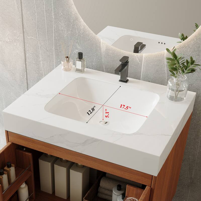 Mid-Century 30" Freestanding Bathroom Vanity with Faux Marble Top, Ceramic Sink & Gold Legs Cabinet