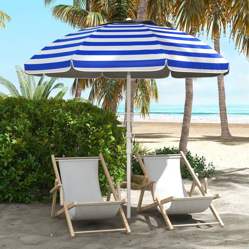 5.7' Portable Beach Umbrella with Tilt, Adjustable Height, UV 40+ Protection, Vented Canopy & Cup Holders - Blue White Stripe
