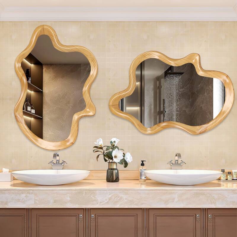 33.46" x 22.24" Irregular Shaped Wall Mirror with Natural Wood Frame