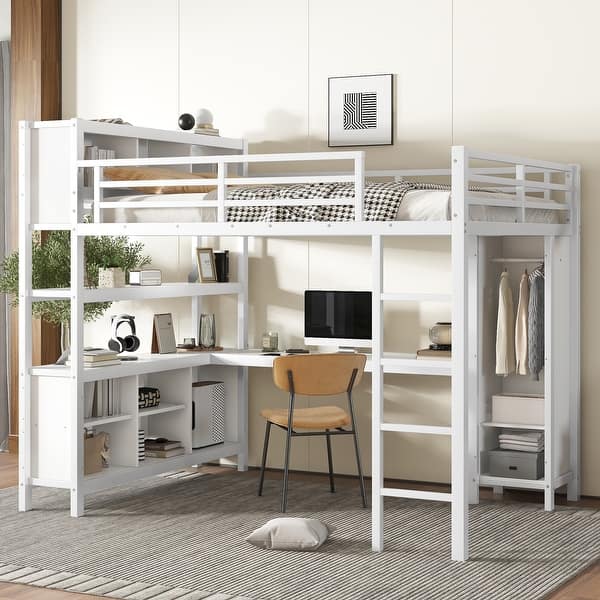slide 2 of 12, Queen Loft Bed with Desk & Wardrobe Off White