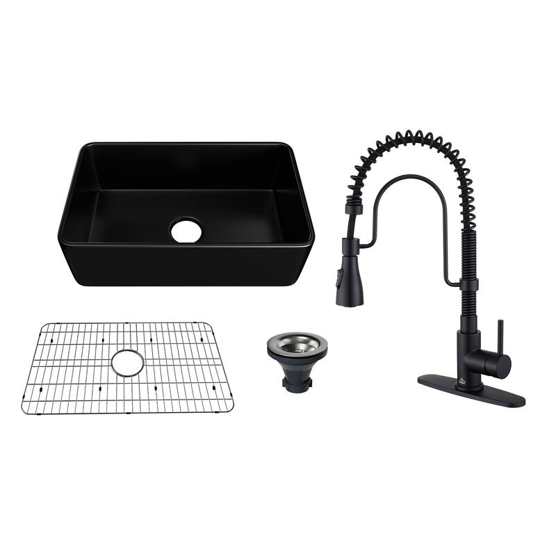 Premium Fireclay Farmhouse/Apron-Front Single Bowl Kitchen Sink with 3-Function Pull-Down Kitchen Faucet Combo - 30" Matte Black Sink + 3-Function Pull-Down Faucet - 30 x 18 x 10