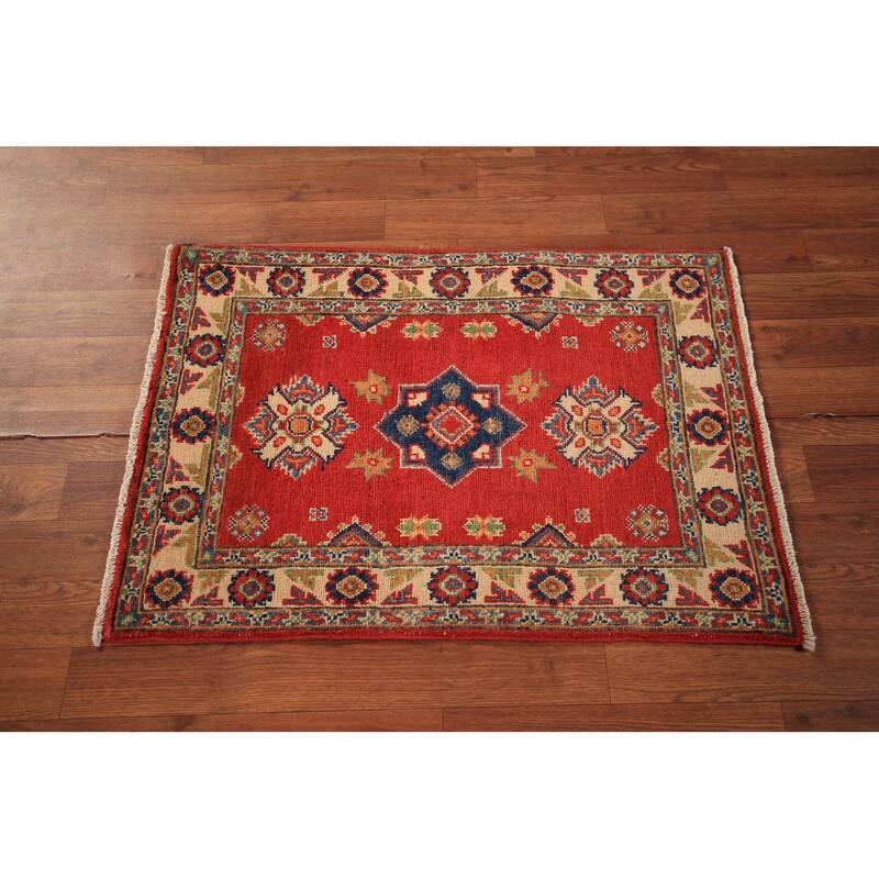 Geometric Red Kazak Foyer Rug Hand-Knotted Traditional Wool Carpet - 2'0" x 3'0"