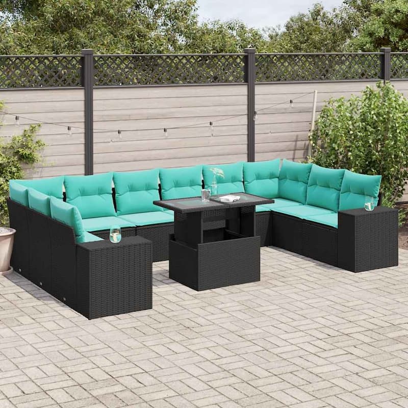 vidaXL Patio Sofa Set with Cushions Table and Couches 11 Piece Poly Rattan - 24.4" x 24.4" x 27.2" - Black