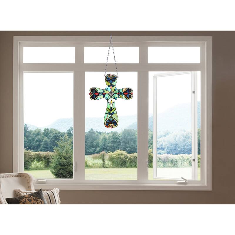 20" x 16" Victorian Design Cross Stained Glass Panel/ Suncatcher