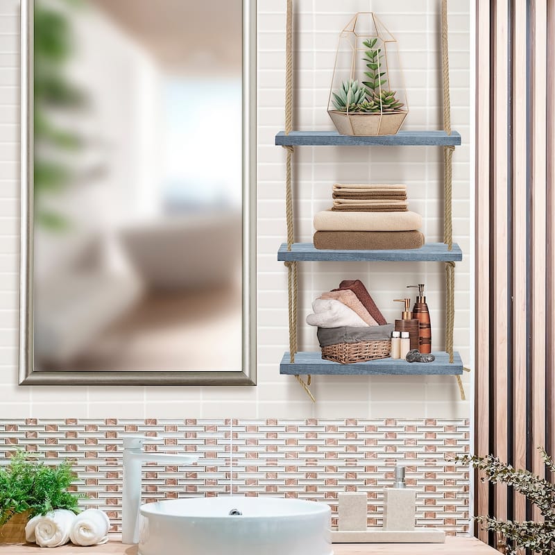 Wood Hanging Shelf 3-Tier Rustic Swing Storage Shelves Organizer Rack - 16.50" L x 7.87" W x 38" H