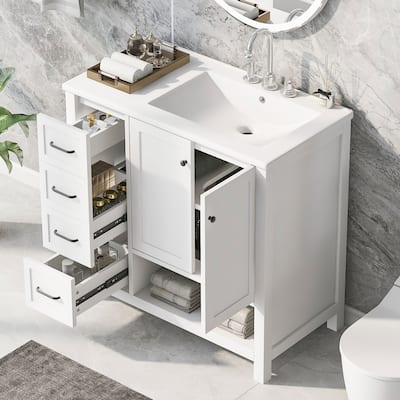 36" Bathroom Wood Storage Vanity Cabinet with Ceramic Sink, Open Shelf