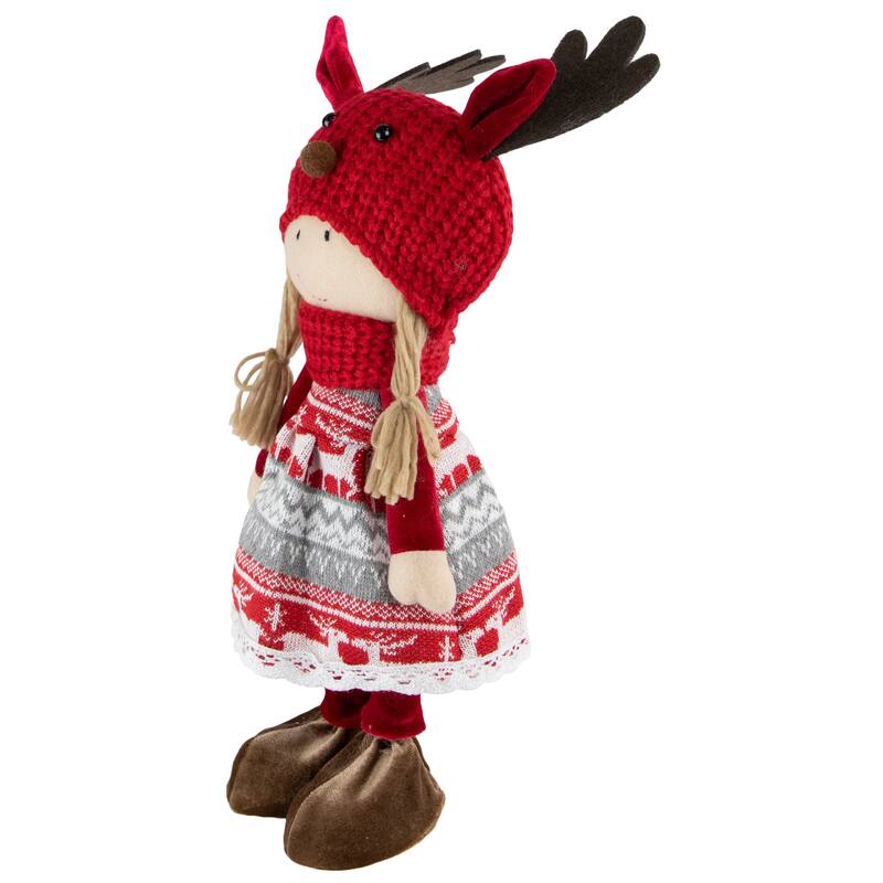 17" Red White Nordic Girl With Moose Antler Hat Christmas Decoration