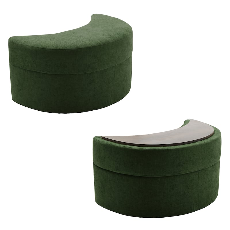 Upholstered Half Moon Storage Ottoman with Tray Set of 2