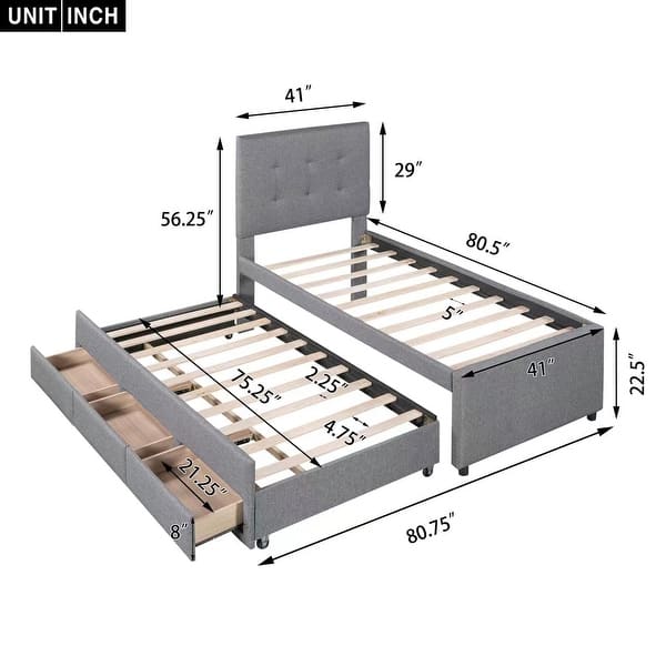 Twin Size Upholstered Platform Bed with Pull-out Twin Size Trundle and ...