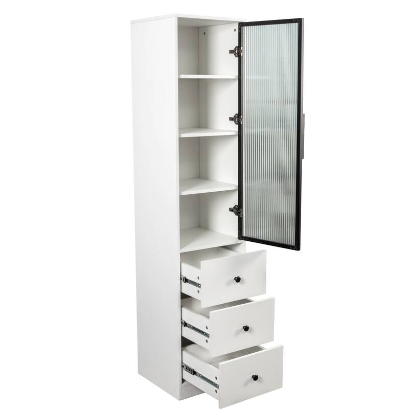 White Storage Cabinet, Modern Freestanding Narrow Bookcase with Glass Doors, Storage Drawers Wood File Cabinets for Home Office