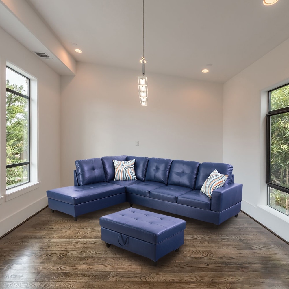 Blue faux sales leather sectional