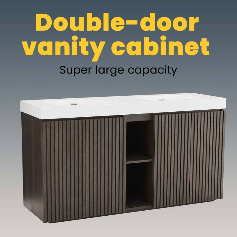 GDFStudio - Galan 60" Freestanding Bathroom Vanity with Quartz Sink, Solf Close Doors, Open Storage Shelf, NO Drain & Faucet