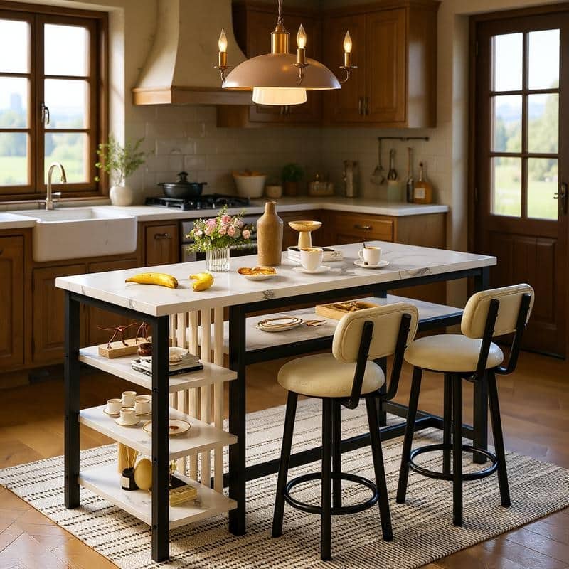 3-Piece Dining Room Table Set with 2 Upholstered Bar Stools, Modern Farmhouse Bar Table Set for 2 with Multiple Tier Shelves - Marble White/Black/White PU