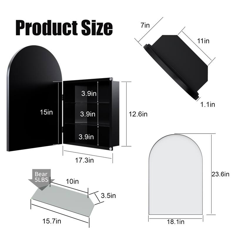 18x24 Inch Metal Corner Medicine Cabinet with Arched Mirror, Adjustable Glass Shelves, Space-Saving Bathroom Storage