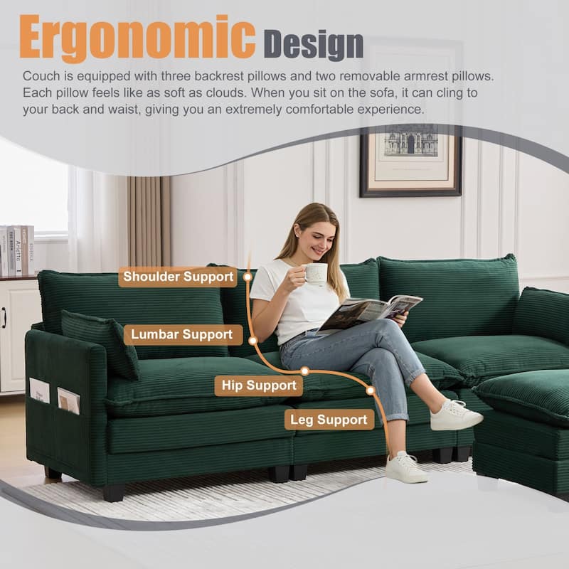 102.95" L-Shaped Corduroy Sectional Sofa with Movable Ottoman