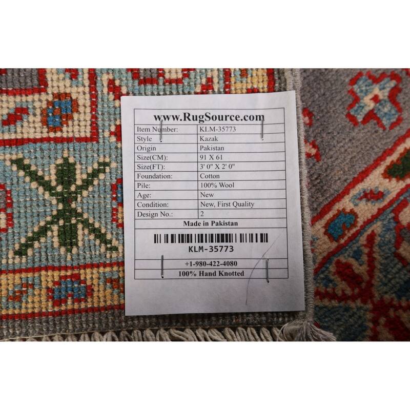 Gray Blue Geometric Kazak Oriental Foyer Rug Hand-Knotted Wool Carpet - 2'0"x 3'0"