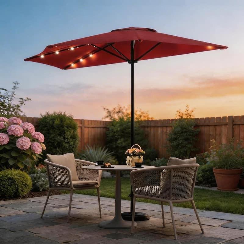 9ft Outdoor Patio Half Umbrella, with Solar LED Lights and Smooth Crank Lift
