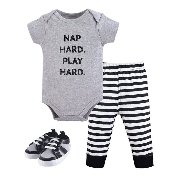 slide 1 of 1, Little Treasure Baby Boy Cotton Bodysuit, Pant and Shoe 3pc Set, Nap Hard 0-3 Months - Nap Hard