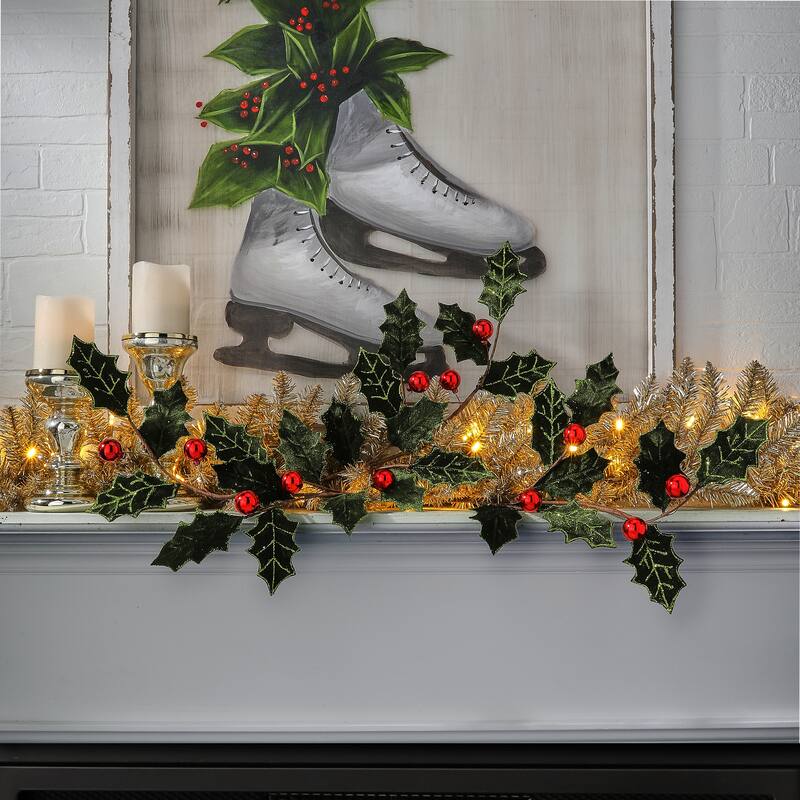 27" Velvet Holly Leaf Spray With Ball Set of 3