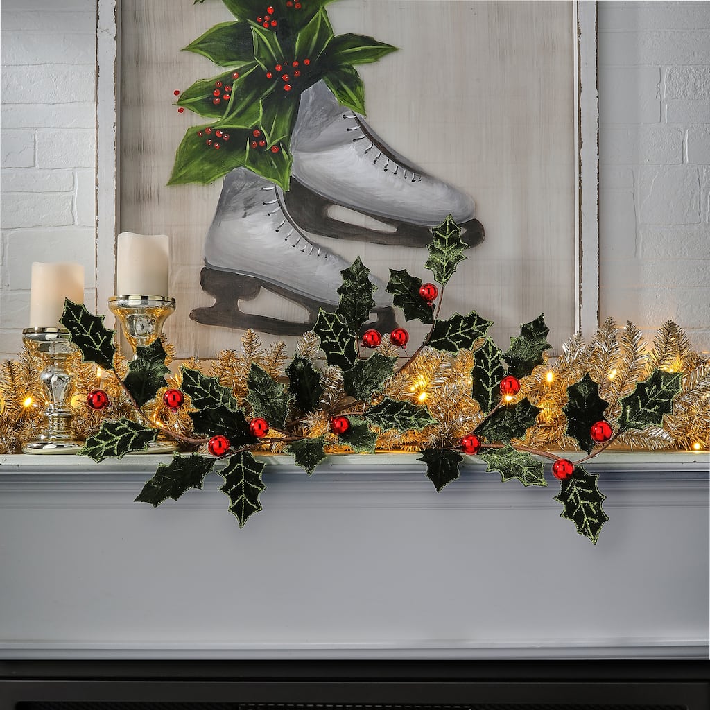 27" Velvet Holly Leaf Spray With Ball Set of 3