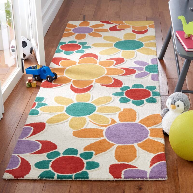 SAFAVIEH Handmade Kids Khadijah Floral Wool Rug - 2'6" x 8' Runner - Ivory/Gold