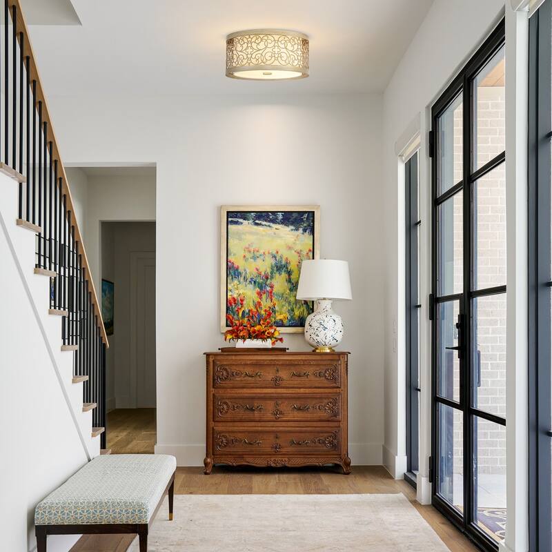 2-Light Mid-Century Modern Unqiue Handcrafted Sunset Gold Flush Mount Light with White Fabric Shade for Living Room & Bedroom