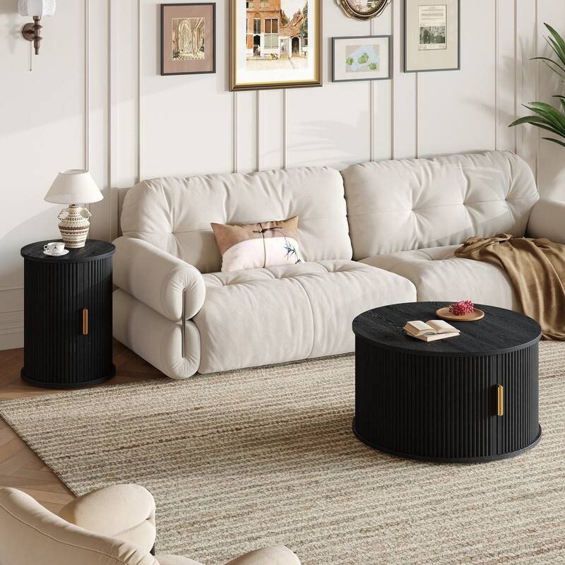 Mid Century Modern 74.8" TV Stand & Coffee Table Set for TVs up to 75", Wooden Media Console with Fluted Sliding Doors