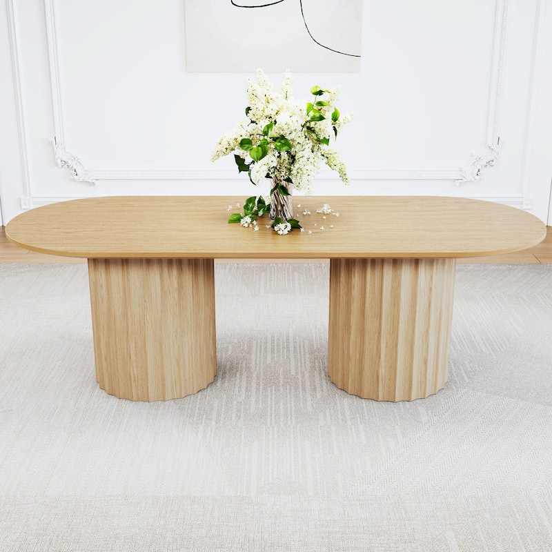 86" Modern Oval Dining Table Set with 8 Upholstered Chairs Black Textured Wood Top & Dual Cylindrical Pedestal Base
