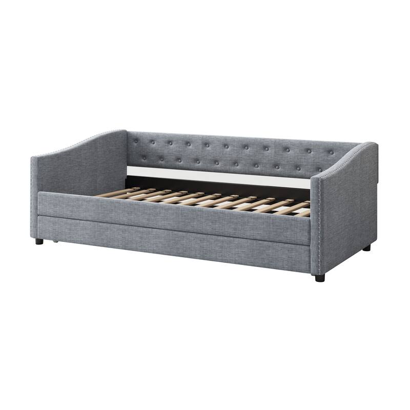 Linen Tufted Daybed with Trundle, Upholstered Platform Sofa Bed Frame, Wooden Slat Support