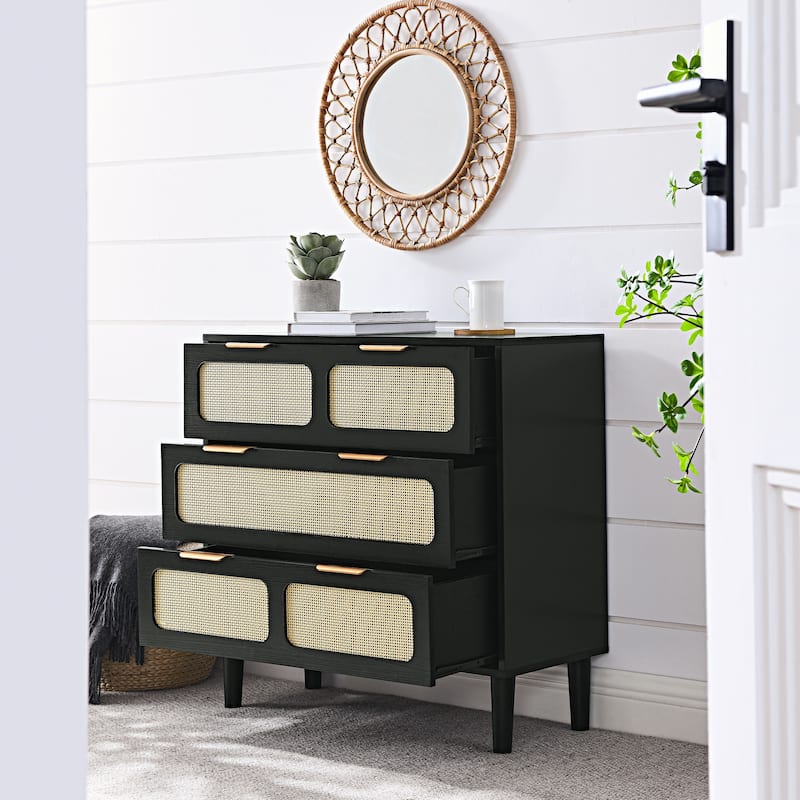 Modern Rattan Dresser Farmhouse Wooden Storage Cabinet with 3 Wide Drawers and Metal Handles, for Room Living Room Hallway